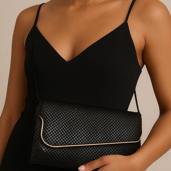 Vintage 80s Black Mesh Evening Clutch with Gold Trim - Picture 2 of 16
